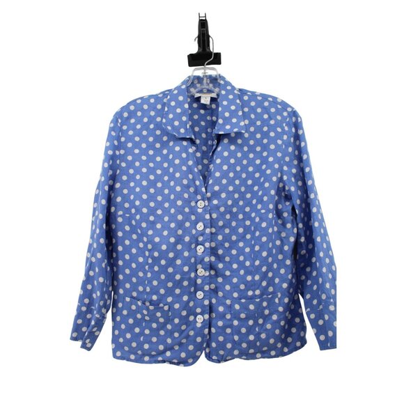 Talbots Linen Blouse Blue Polka Dot Size 10 94023 3/4 Sleeve - Picture 1 of 4
